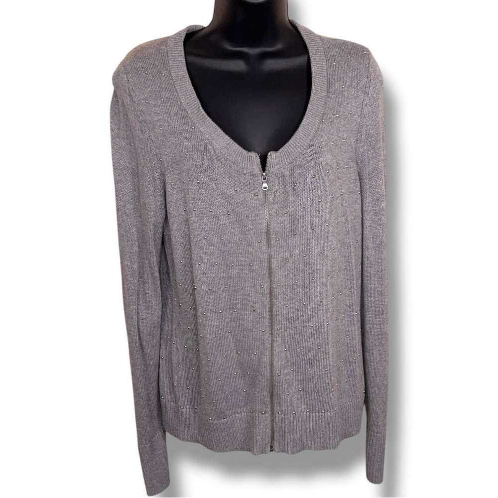 Petite Large Talbots Grey Silver Studded Cardigan Sweater Knit Zip Front Closure